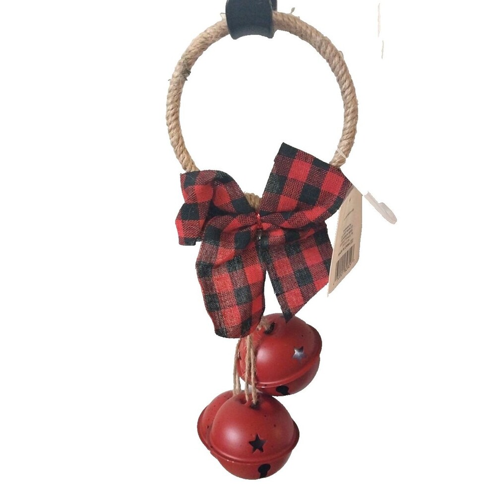 NEW Farmhouse Christmas Door Hanger Doorknob Metal Jingle Bells Bow Jute 12” L